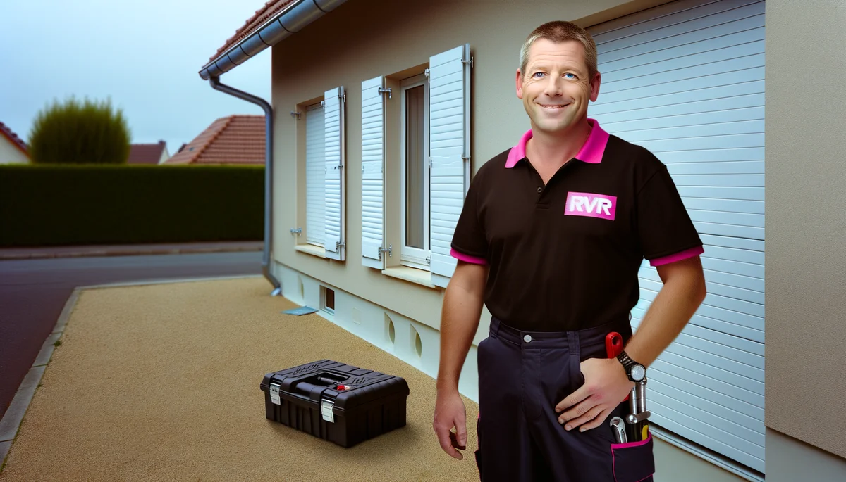 Technicien RVR en polo rose diagnostiquant un treuil de volet roulant a Maisons-Alfort
