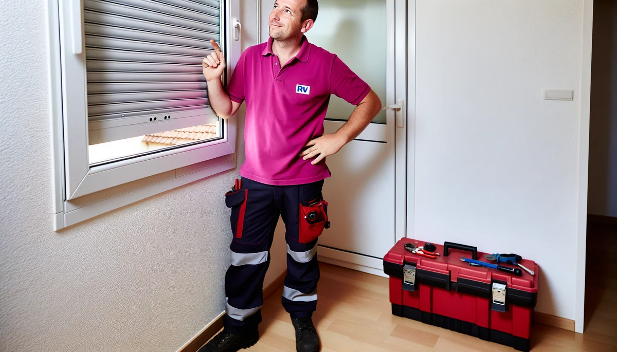Technicien RVR en polo rose diagnostiquant un volet roulant a Alfortville