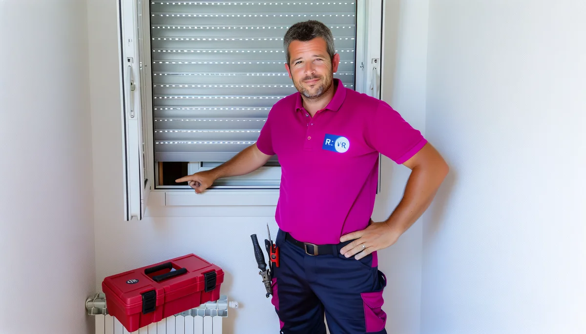 Technicien RVR en polo rose diagnostiquant un volet roulant a Alfortville