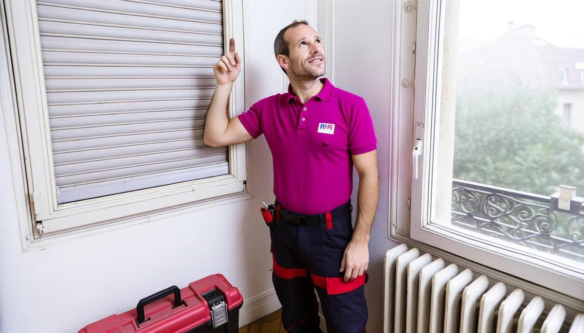 Technicien RVR en polo rose diagnostiquant un volet roulant a Le Perreux-sur-Marne