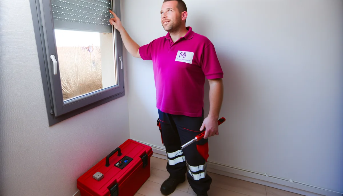 Technicien RVR en polo rose diagnostiquant un volet roulant a Nogent-sur-Marne