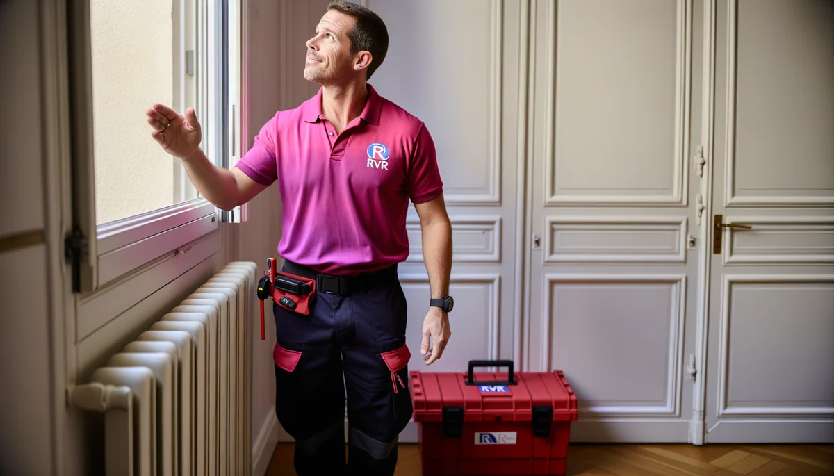 Technicien RVR en polo rose diagnostiquant un volet roulant a Villejuif