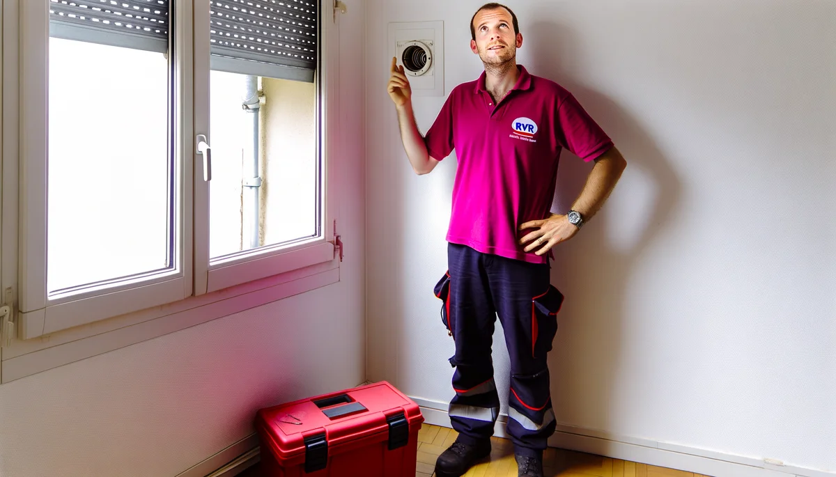 Technicien RVR en polo rose diagnostiquant un volet roulant a Vincennes